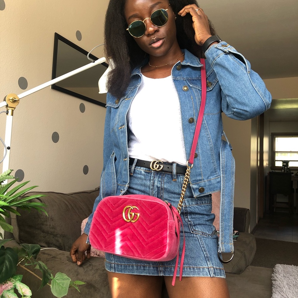 Gucci Marmont Fuschia Pink Velvet Crossbody Bag - Picture 9 of 10